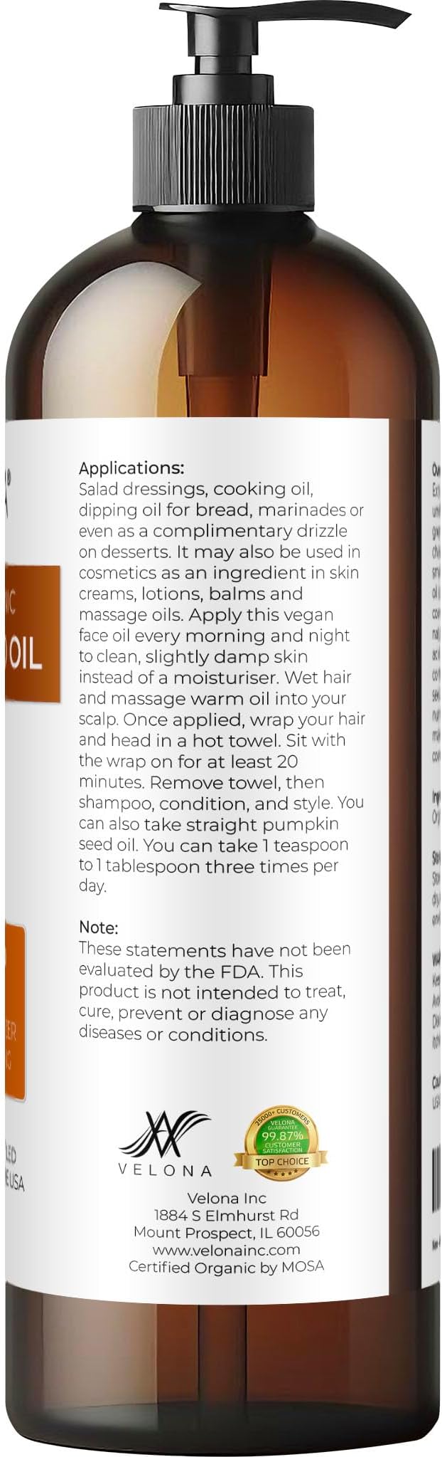 velona Pumpkin Seed Oil USDA Certified Organic - 16 Fl Oz | 100% Pure and Natural Carrier Oil | Unrefined, Cold Pressed | Cooking, Face, Hair, Body & Skin Care | Use Today - Enjoy Result-FemmiqueWomen