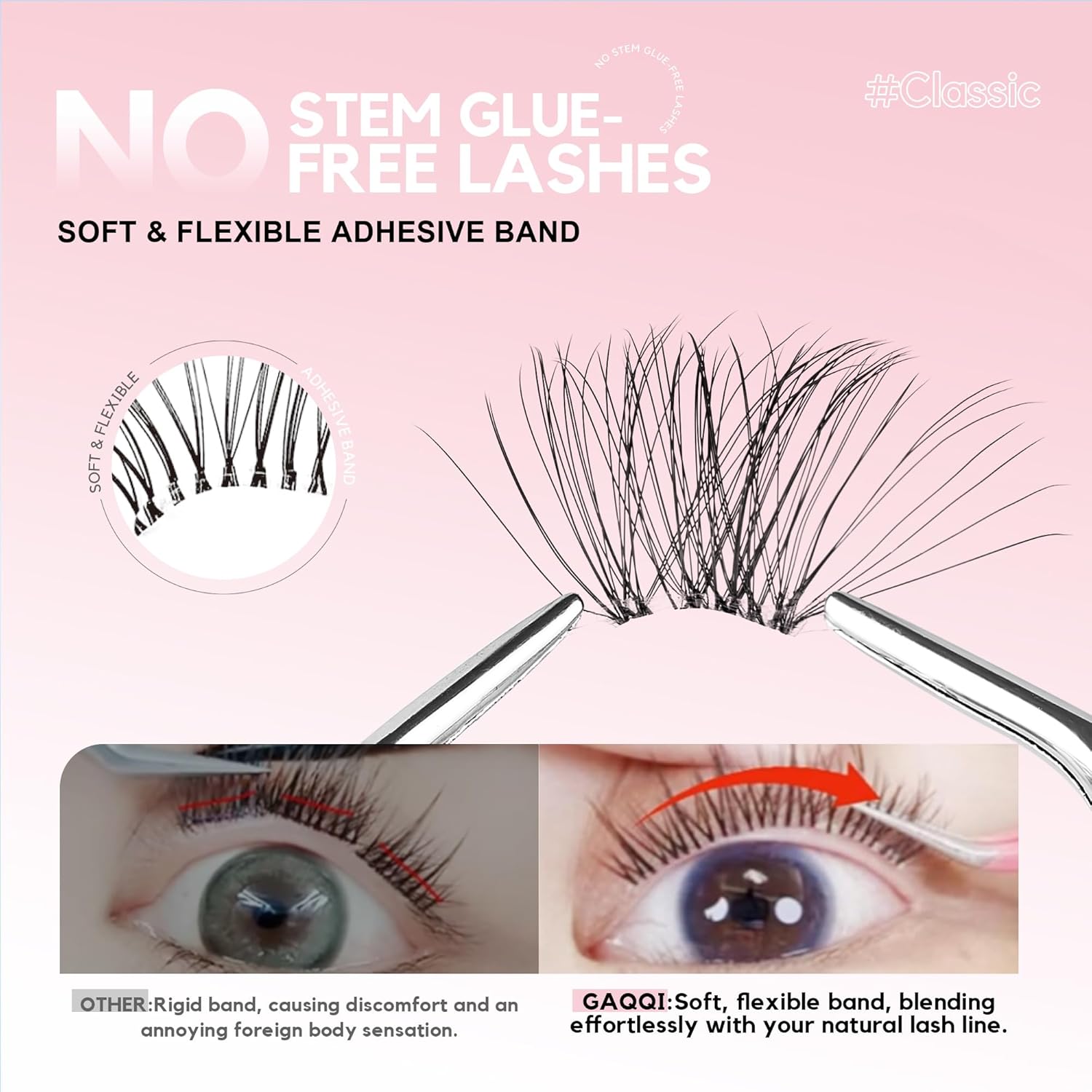 GAQQI Self Adhesive Eyelash Clusters, Volume No Glue Lashes 10-16mm, No Band Self Adhesive Lash Clusters 120pcs, Press On Lashes Invisible Band, With Lash Tweezer (CLASSIC)-FemmiqueWomen