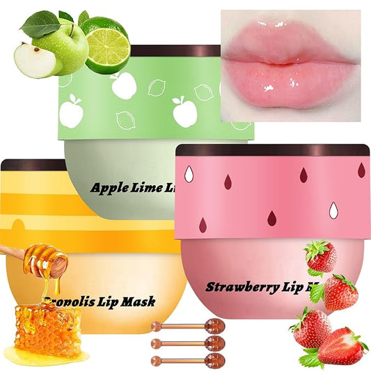 3 Pcs Bee Lip Balm Honey Pot, Honey Strawberry Apple Lip Mask Overnight, Moisturizing Lip Sleeping Mask, Hydrate Repair Prevent Dry Cracked Lip Exfoliator Lip Care (Honey+Strawberry+Apple Lime)-FemmiqueWomen