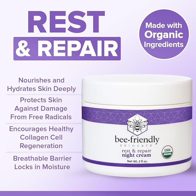 BeeFriendly Organic Night Cream, USDA Certified Organic, Deep Hydrating & Moisturizing Night Time Eye, Face, Neck & Decollete Cream for Women and Men, Anti Aging, Anti Wrinkle 2 oz-FemmiqueWomen