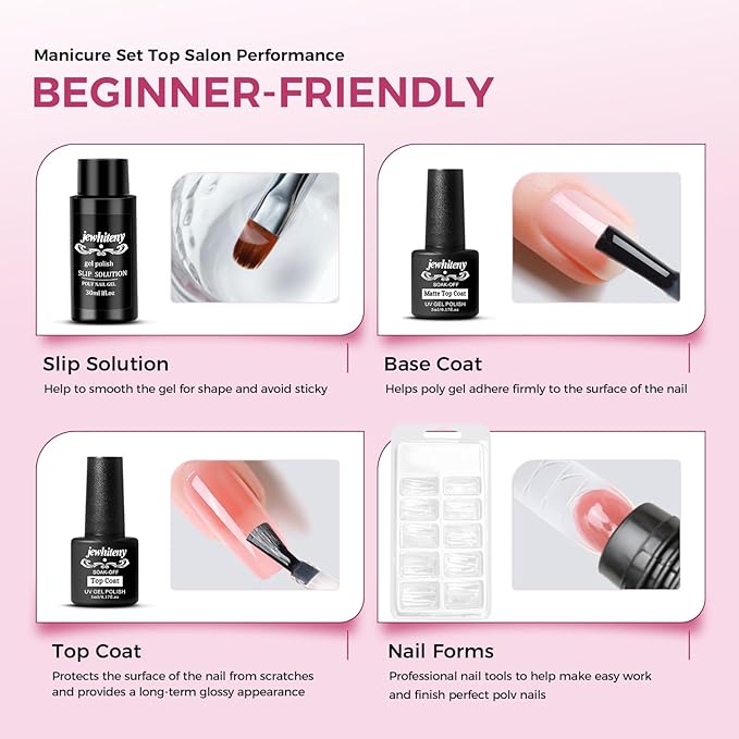 JEWHITENY 28 Colors Poly Nail Gel Kit with Base Top Coat Purple Blue Yellow Nude Pink Glitter Shades Quick-Dry for Beginners DIY Need U V Lamp Curing-FemmiqueWomen