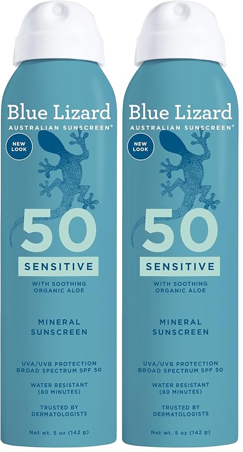 Blue Lizard Sensitive Mineral Sunscreen Spray SPF 50+, Dermatologist-Recommended Brand, Broad-Spectrum UVA/UVB Protection, Water-Resistant, Zinc Oxide Formula, 5 fl oz (Pack of 2)-FemmiqueWomen