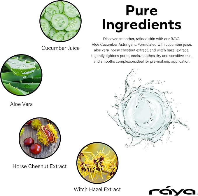 Raya Aloe Cucumber Astringent (202), Facial Toner for Dry and Sensitive Skin - Refreshing, Hydrating and Calming Formula, Gentle Pore Tightening Skincare, Cruelty, Paraben & Alcohol-Free, 8 fl oz-FemmiqueWomen