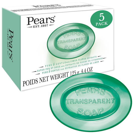 Pears Soap, Pure & Gentle with Lemon Flower Extracts, 5-Pack – Transparent Green Glycerin Soap for Radiant, Glowing Skin, 4.4 Oz Ea-FemmiqueWomen