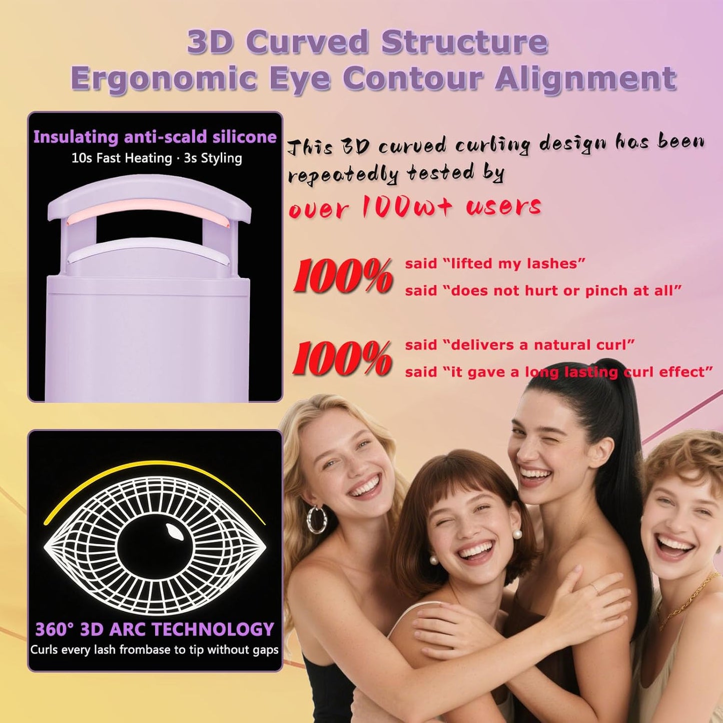 Heated Eyelash Curler - Wide Open Dual-Arc Design Heated Lash Curler - Electric Eyelash Curler - Type-C Rechargeable Mini Lash Curler Natural Curling 24H Long Lasting for Women - Purple-FemmiqueWomen