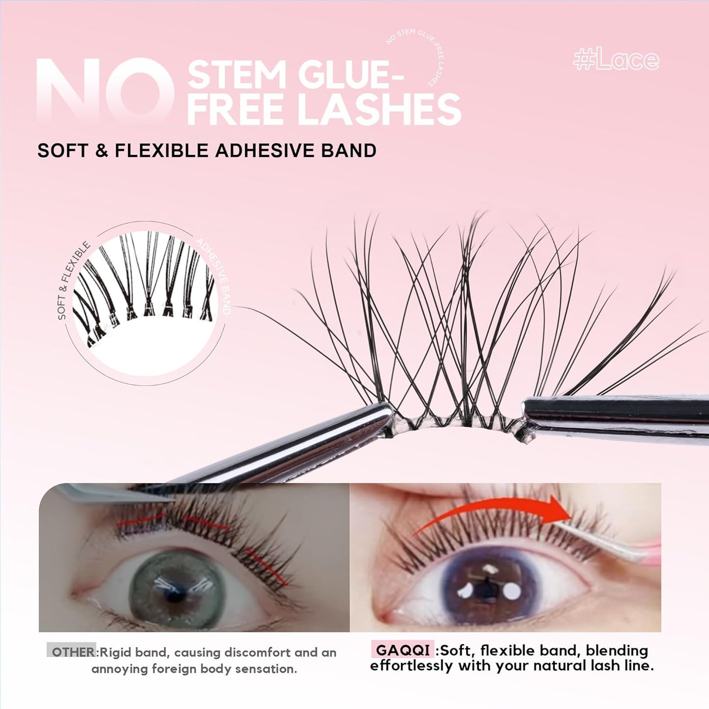 GAQQI Self Adhesive Eyelash Clusters, Natural Look No Glue Lashes 10-16mm, No Band Self Adhesive Lash Clusters 100pcs, Press On Lashes Invisible Band, With Lash Tweezer (LACE)-FemmiqueWomen
