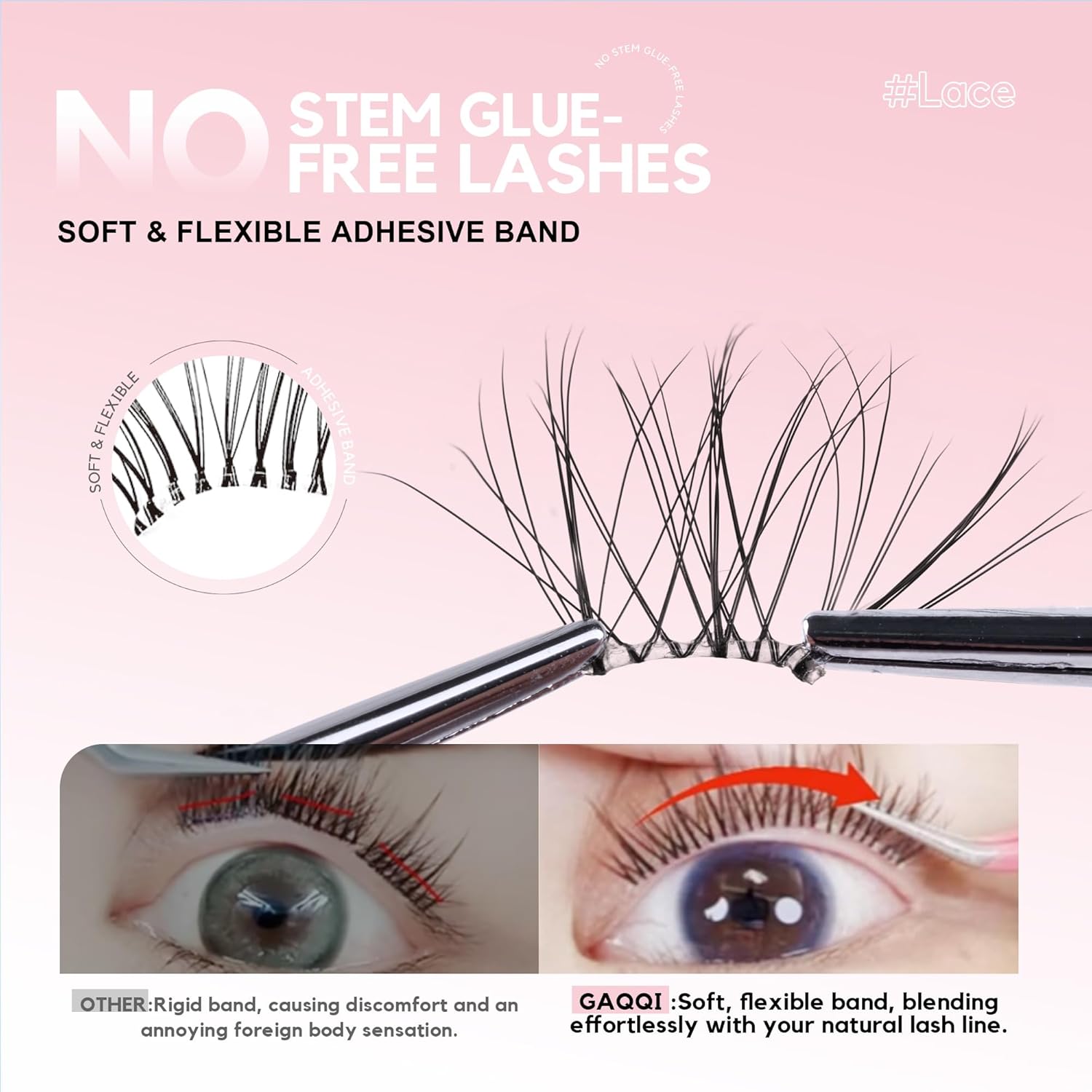 GAQQI Self Adhesive Eyelash Clusters, Natural Look No Glue Lashes 10-16mm, No Band Self Adhesive Lash Clusters 100pcs, Press On Lashes Invisible Band, With Lash Tweezer (LACE)-FemmiqueWomen