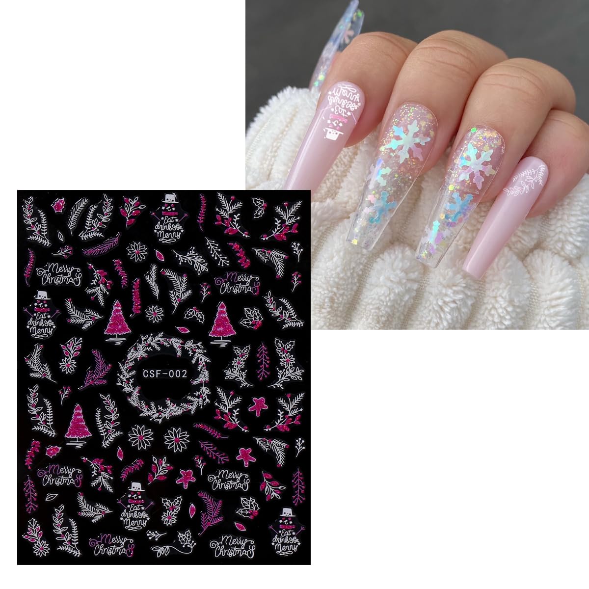 JMEOWIO 9 Sheets Christmas Pink Glitter Nail Art Stickers Decals Self-Adhesive Snowflake Winter Holiday Nail Supplies Nail Art Design Decoration Accessories-FemmiqueWomen