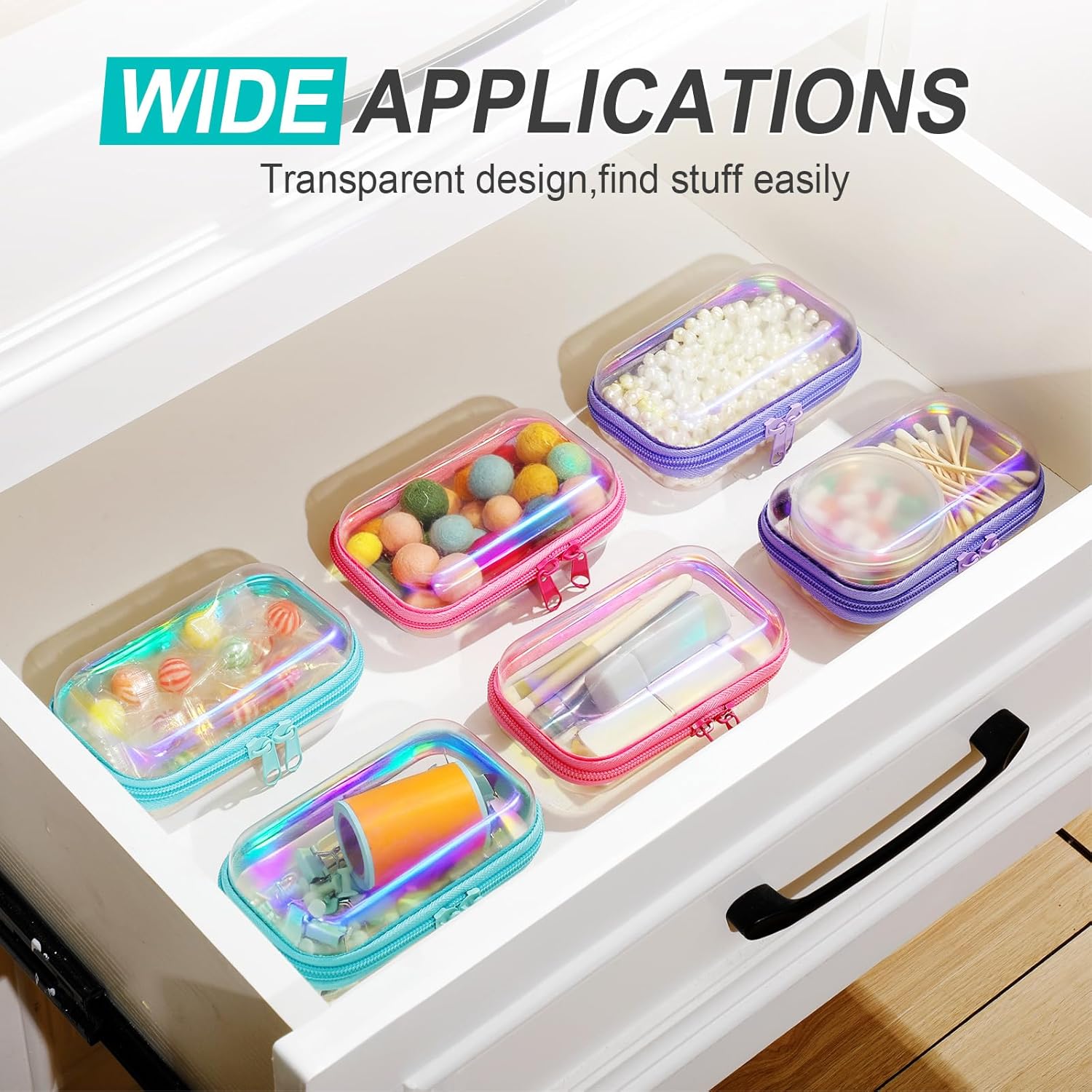Sanwuta 6 Pcs Clear Hard Zipper Case Pencil Pouches Hard Plastic Zipper Pouches Makeup Bag Transparent Cases for Snacks Plastic Storage Organizer Box for Travel(Holographic,5 x 3 x 2 Inch)-FemmiqueWomen