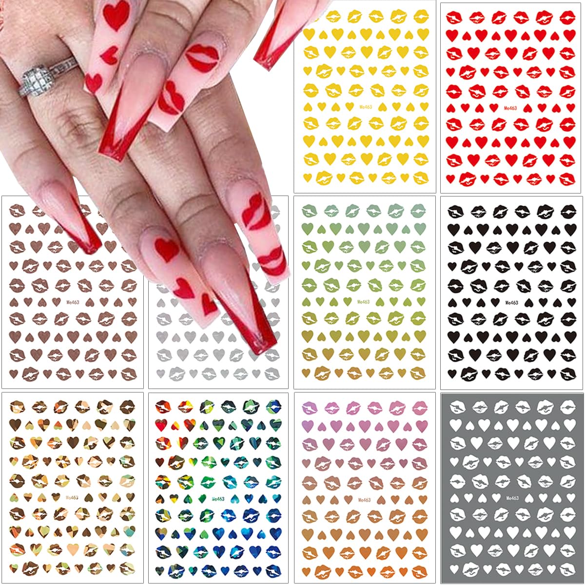 10 Sheets Valentine's Day Nail Art Stickers Sexy Lips Nail Decals 3D Holographic Heart Nail Stickers Self-Adhesive Design Black White Gold Silver Laser Valentines Stickers for Women Nail Decoration-FemmiqueWomen