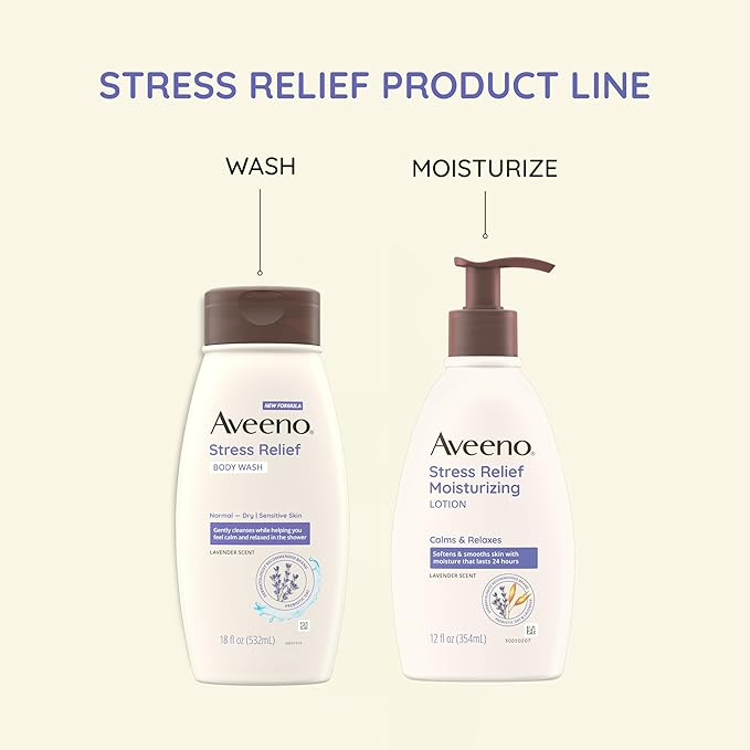 Aveeno Stress Relief Moisturizing Body Lotion 33 Fl Oz, Lavender Scent with Prebiotic Oat, Hydrating 24-Hour Moisturizer Non-Greasy for Dry Sensitive Skin, Paraben & Dye Free, Calming & Relaxing-FemmiqueWomen