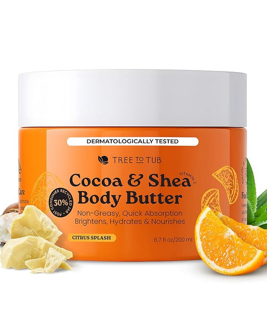 Tree to Tub Shea Body Butter for Dry, Extremely Dry, Sensitive Skin - Moisturizing Body Cream for Women & Men, Hydrating Body Lotion Moisturizer w/Vitamin C, Organic Cocoa, Citrus Scent-FemmiqueWomen