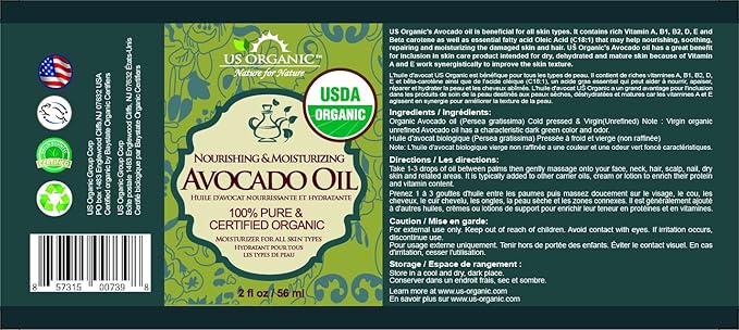 US Organic Avocado Oil Unrefined Virgin, USDA Certified Organic, 100% Pure & Natural, Cold Pressed, in Amber Glass Bottle w/Glass Eye dropper for Easy Application (2 oz (Small))-FemmiqueWomen