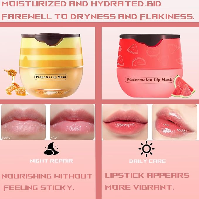 2 PCS Bee Lip Balm Honey Pot, Honey Watermelon Bee Lip Balm Sleeping Lip Mask Overnight with Sticks, Honey Pot Lip Balm Hydrating Exfoliating Prevention Dry and Crack Lip Scrubs-FemmiqueWomen