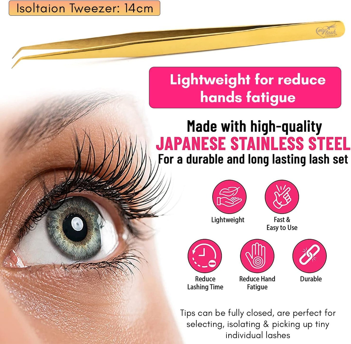 Isolation Tweezers for Eyelash Extension – 14cm Curved Lash Tweezer, Stainless Steel, Best for Individual Isolation & Classic Lashes, Pinzas para Pestaña(Gold Titanium)-FemmiqueWomen