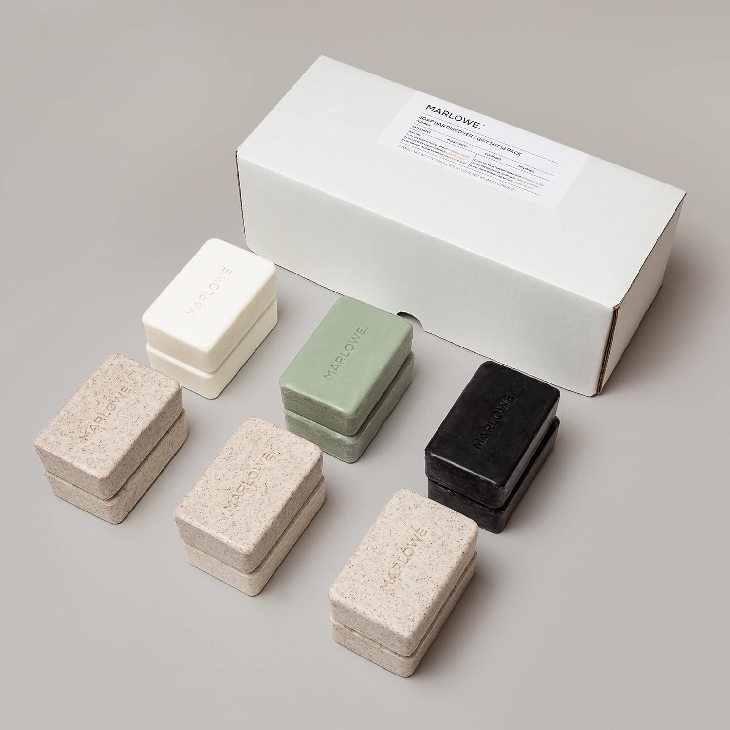 MARLOWE. Soap Bar Discovery Gift Set, Mens Skin Care Variety Selection of Exfoliating Body Scrub, Charcoal, Moisturizing & Polishing Body Bar Soaps for Men, 12 Pack-FemmiqueWomen
