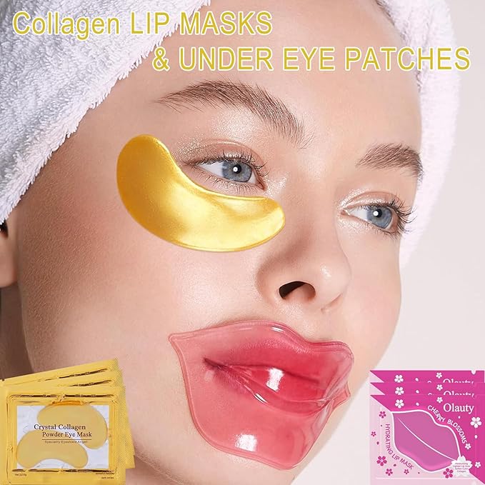 30 Pairs Collagen Lip Masks & Under Eye Mask, Gel Crystal Moisturizing Lip Mask, 24K Gold Under Eye Patches for Puffy Eyes, Dark Circle, Reducing Fine Lines, Effectively Nourishes Lip & Eye Skin Care-FemmiqueWomen