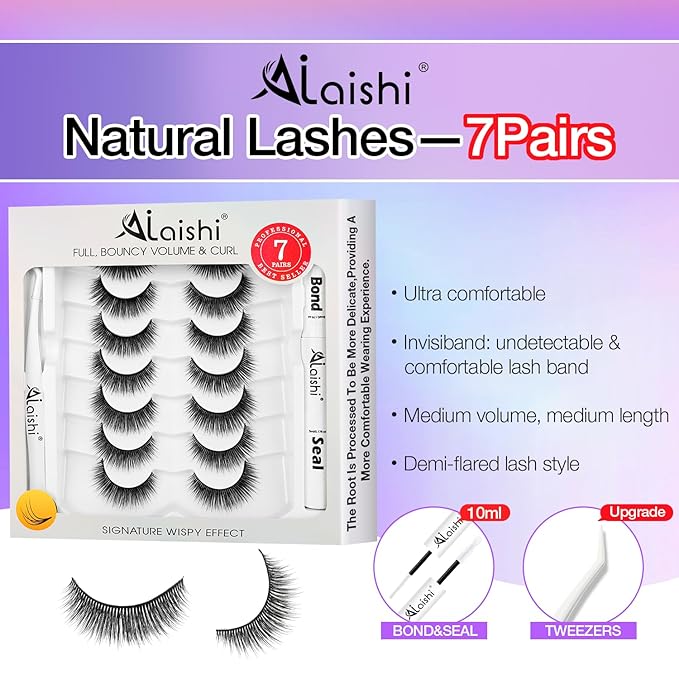 Wispy False Eyelashes Kit With Bond, Seal and Tweezer, 7 Pairs Natural Look Fake Cat Eye Lashes Strips Thin Band Extensions Waterproof Easy Eyelashes for Beginners RQ11-FemmiqueWomen