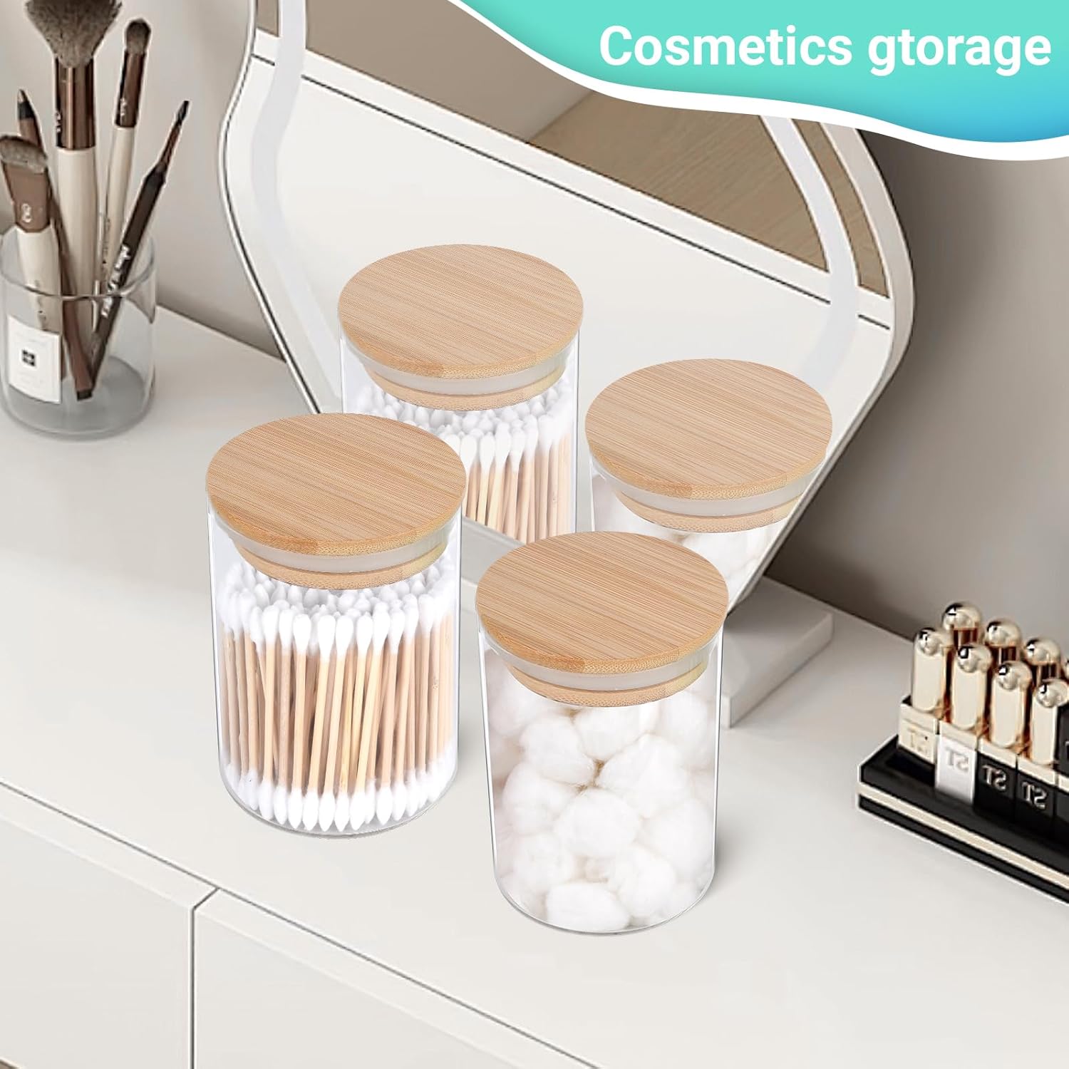 2 Pack Glass Qtip Holder Dispenser Set - Apothecary Jars with Lids for Vanity Makeup Organizer - Bathroom Canister Storage Organizer for Cotton Ball, Swab, Round Pads,Floss-FemmiqueWomen