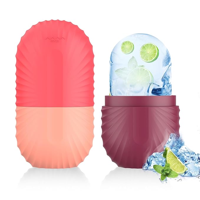 2pcs Ice Roller for Face and Eye, Silicone Ice Facial Roller Ice Holder, Face Ice Mold Skin Care, Face Icers Reusable Ice Cube Roller for Shrink Pores Anti Wrinkle Reduce Puffiness, Pink Rose-FemmiqueWomen