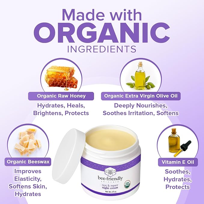 BeeFriendly Organic Night Cream, USDA Certified Organic, Deep Hydrating & Moisturizing Night Time Eye, Face, Neck & Decollete Cream for Women and Men, Anti Aging, Anti Wrinkle 2 oz-FemmiqueWomen