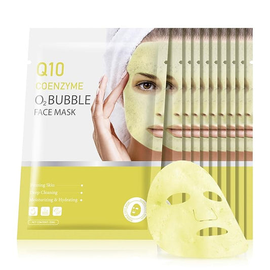 10 Sheets Coenzyme Q10 O2 Bubble Masks for Face, Bubble Face Mask Skincare for All Skin Types, Deep Cleansing Moisturizing Facial Mask Skin Care for Pores, Firming, Purifying, Sheet Masks for Spa-FemmiqueWomen