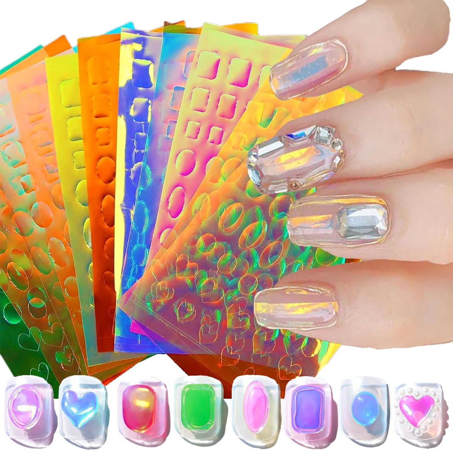 11 Sheets Aurora Nail Foil Stickers, Laser Glass Paper 3D Trendy Design Iridescent Cellophane Nail Art Decals, Holographic Film DIY Manicure Decoration Supplies Accessories for Women Girls-FemmiqueWomen