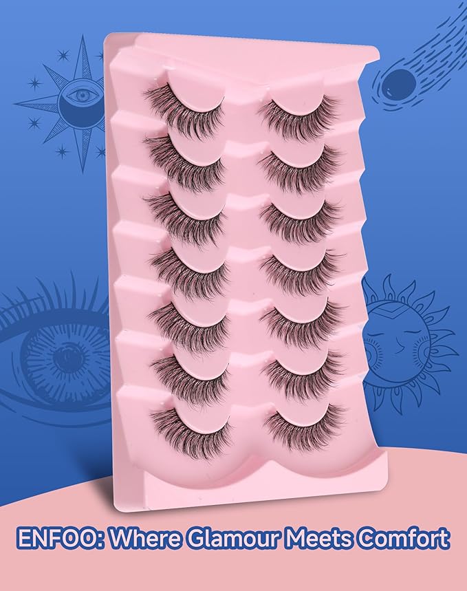 Natural Lashes Wispy False Eyelashes Strip Flared Natural Look Eyelash CatEye Lash Soft Lashes Fluffy Mink Eyelash Pack 7 Pairs 16MM D76-FemmiqueWomen