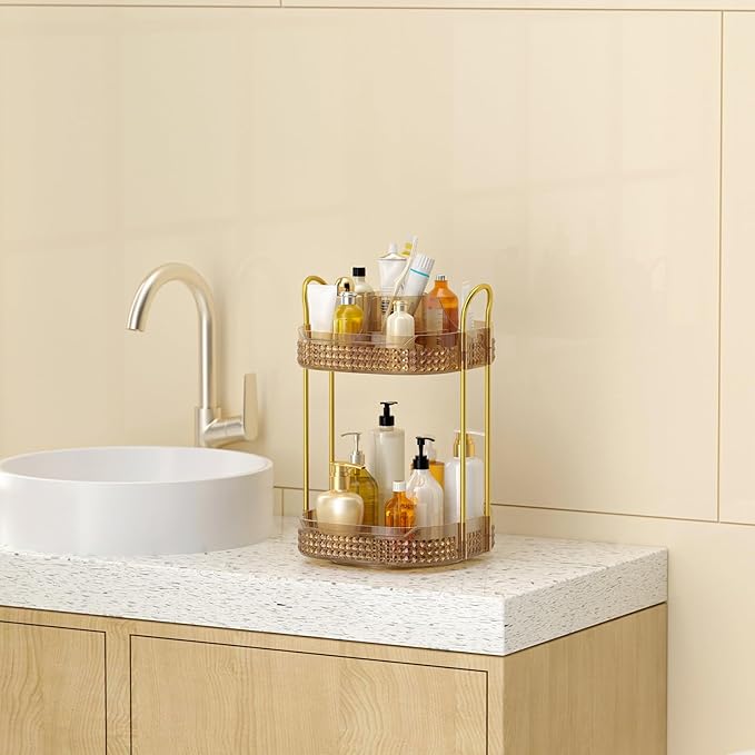 360° Rotating Makeup Organizer 2 Tier, Large Skincare Clear Make Up Storage Spinning Perfume Organizers for Bathroom Counter Dresser, Pink-FemmiqueWomen