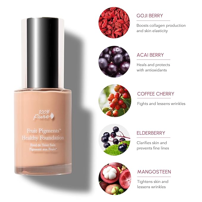 100% PURE Healthy Foundation Full Face Coverage Makeup, Liquid Matte Finish with Anti-Aging Benefits - Vegan Gorgeous Fruit Pigmented Sand Color (Light Medium with Neutral Undertone) - 1 Fl Oz-FemmiqueWomen