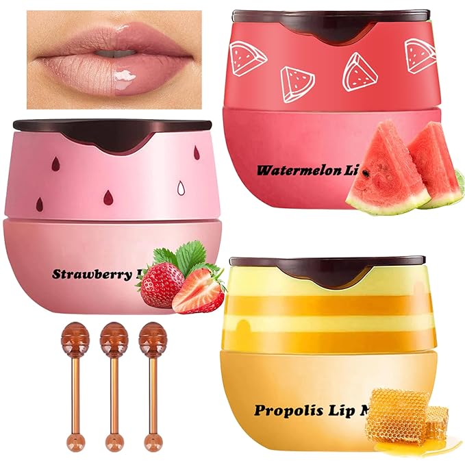 3Pcs Lip Balm Honey Pot with Stick, Honey Strawberry Apple Moisturizing and Hydrating Sleeping Lip Mask, Day and Night Repair and Care, Improve Lip Color, Reduce Lip Lines (SET B)-FemmiqueWomen