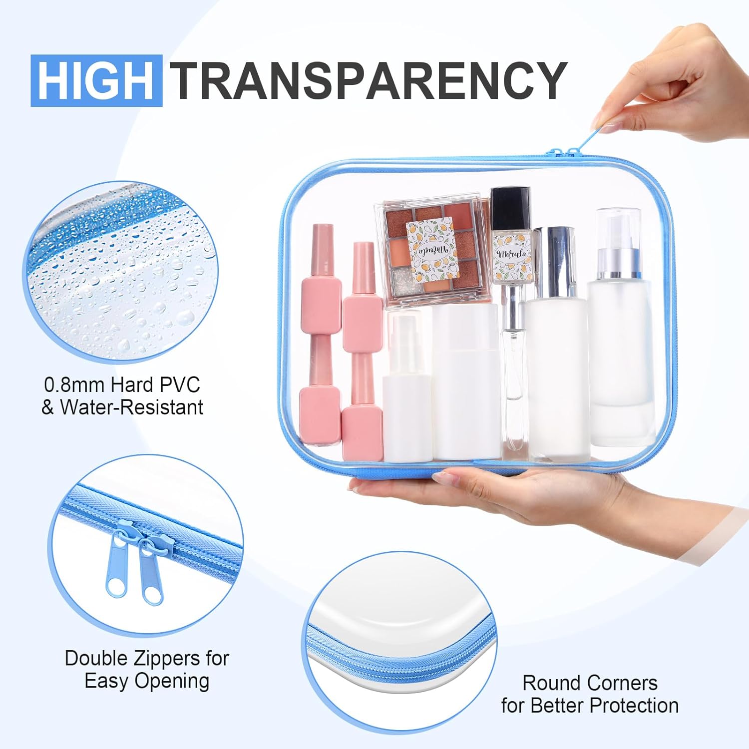 Hoolerry 3 Pcs Clear Hard Zipper Case Plastic Pouch Transparent Hard Case Clear Makeup Bag Portable Travel Organizer Bin for Cosmetics, Building Blocks, Puzzles(Blue,M)-FemmiqueWomen