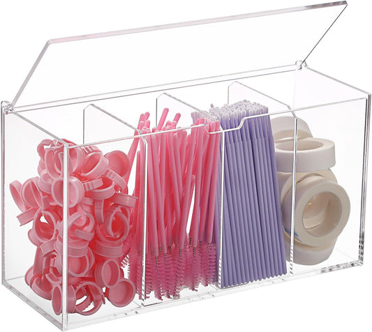 ELLDOO Lash Extension Organizer Box with Lid, Acrylic Eyelash Supplies Organizer Storage Box, 4 Compartments Bathroom Supplies Storage Container for Cotton Swabs, Balls, Pads, Floss Picks-FemmiqueWomen