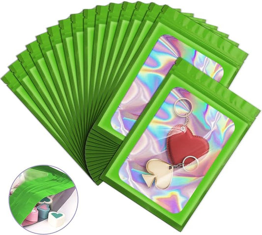 100 Pack Holographic Bags,Smell Proof Packaging Bags, Clear Window Resealable Odor Foil Pouch Mylar Bags for Food Storage and Lipgloss, Jewelry Lash(Green, 2.4 x 3.9 Inch)-FemmiqueWomen
