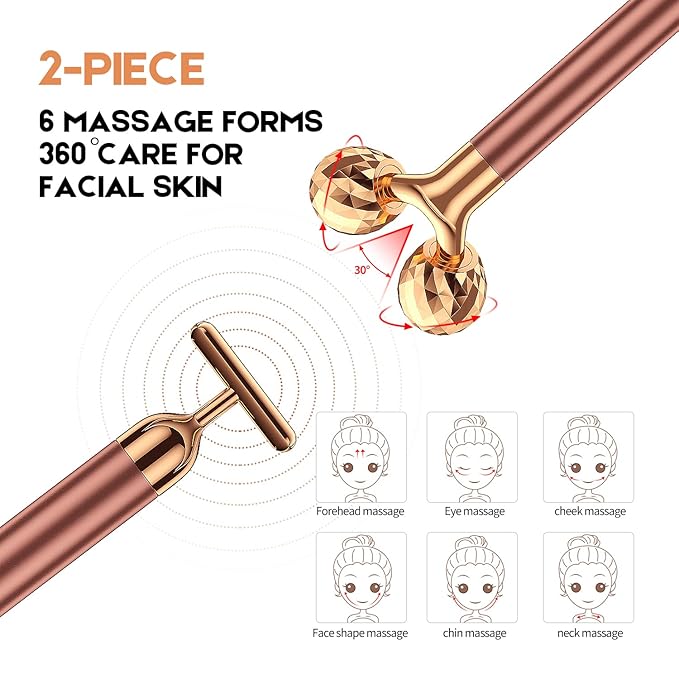 2-IN-1 Beauty Bar 24k Golden Pulse Facial Face Massager, Electric 3D Roller and T Shape Arm Eye Nose Head Massager Facial Roller Massager Kit Skin Care Tools-FemmiqueWomen