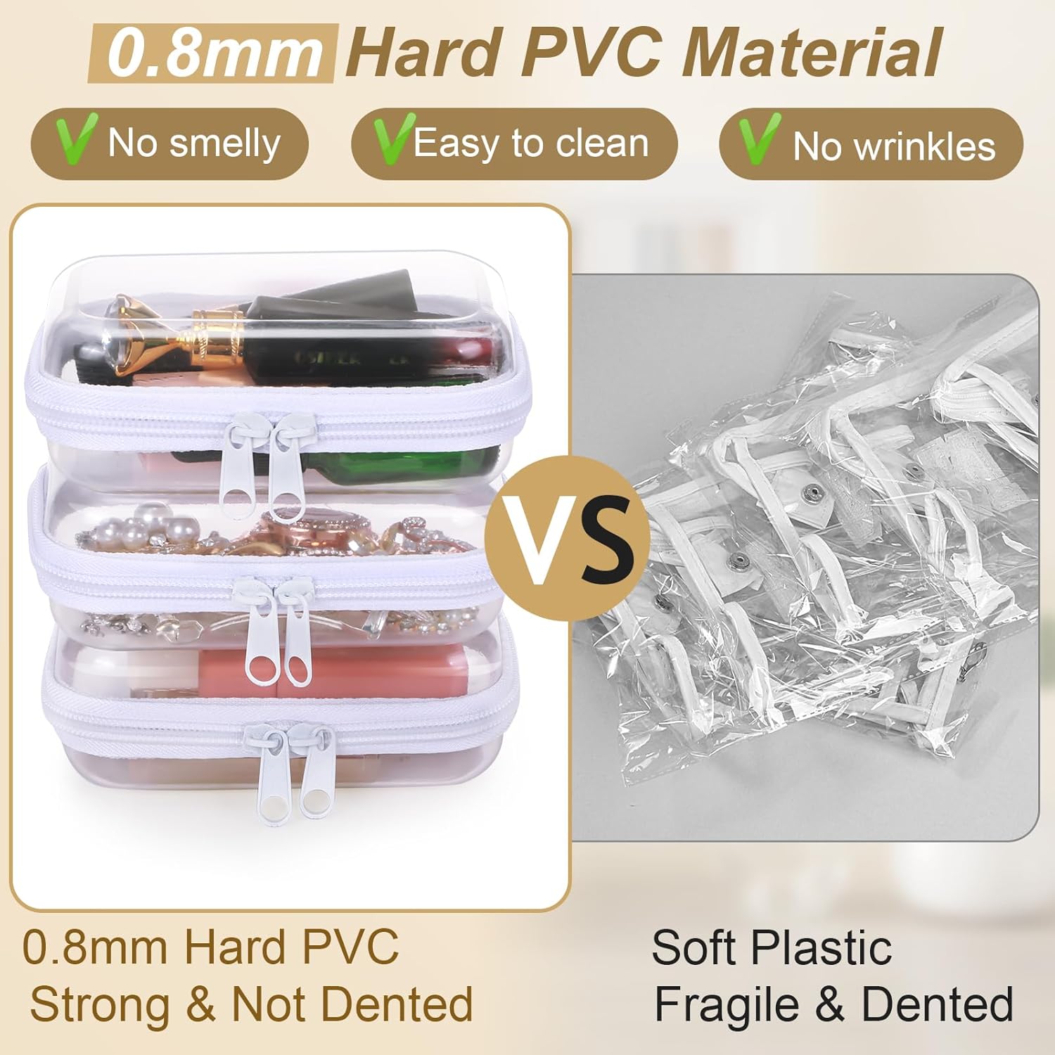 Hoolerry 3 Pcs Clear Hard Zipper Case Plastic Pouch Transparent Hard Case Clear Makeup Bag Portable Travel Organizer Bin for Cosmetics, Building Blocks, Puzzles(White,Xs)-FemmiqueWomen