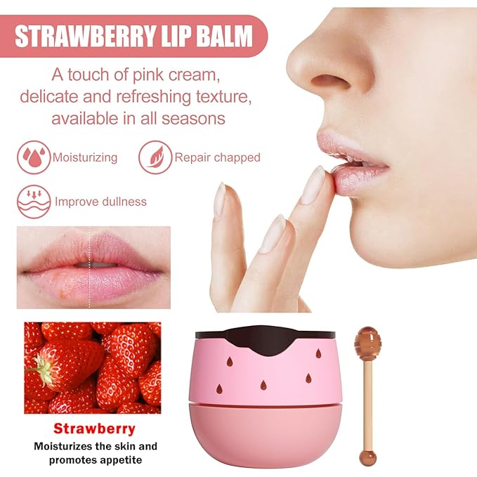 3Pcs Honey Lip Balm Honey Pot, Strawberry& Apple Lime Lip Mask Overnight Propolis Moisturizing Lip Balm Hydrating Prevention Dry and Crack Lip Scrubs Exfoliator, Beeswax with Vitamin E-FemmiqueWomen