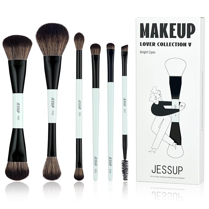 Jessup Makeup Brush Set 6pcs Double Sided Makeup Brushes Foundation Contour Blush Highlight Blending Eyebrow Brush Eyeshadow Brush, Vegan Fiber Make up Brush Bright Cyan T501-FemmiqueWomen