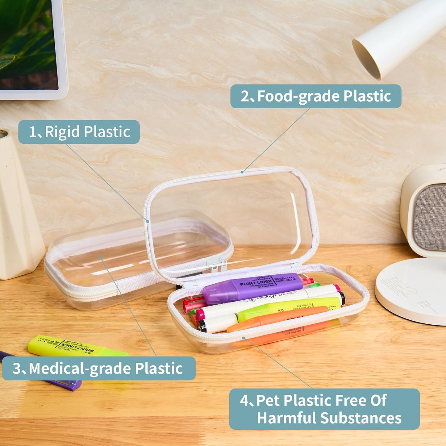 Set of 2 - Hard Sided Clear Zipper Case for Storage - Professional-Grade Plastic Hard Shell Zippered Organizers, Cosmetic Bag, Snack Bins-FemmiqueWomen