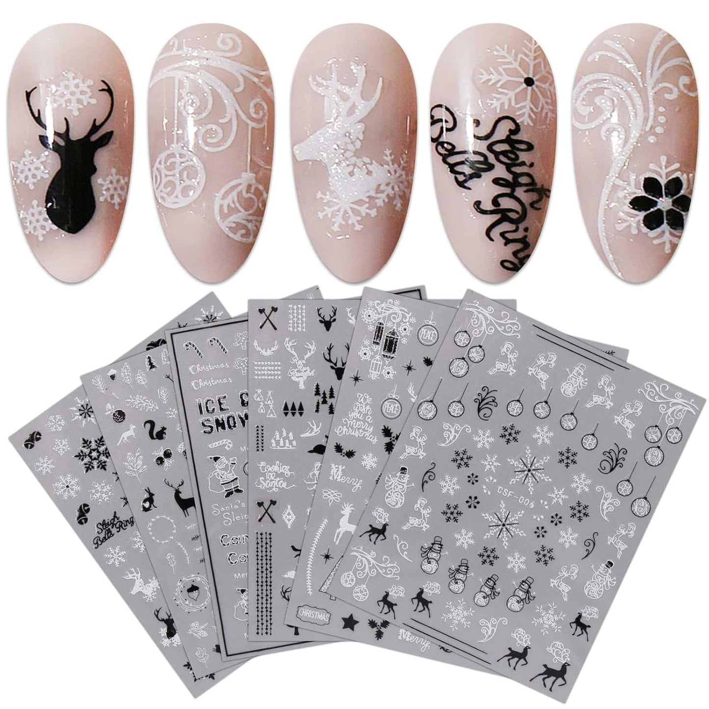 JMEOWIO 9 Sheets Christmas Glitter Nail Art Stickers Decals Self-Adhesive White Black Nail Supplies Nail Art Design Decoration Accessories-FemmiqueWomen