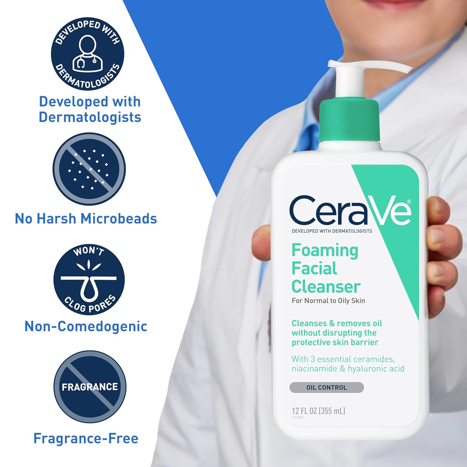 CeraVe Foaming Facial Cleanser, Daily Face Wash for Oily Skin, Hyaluronic Acid + Ceramides + Niacinamide, Fragrance Free & Paraben Free, Non-Drying Oil Control Face Wash, 16 Fluid Ounces-FemmiqueWomen