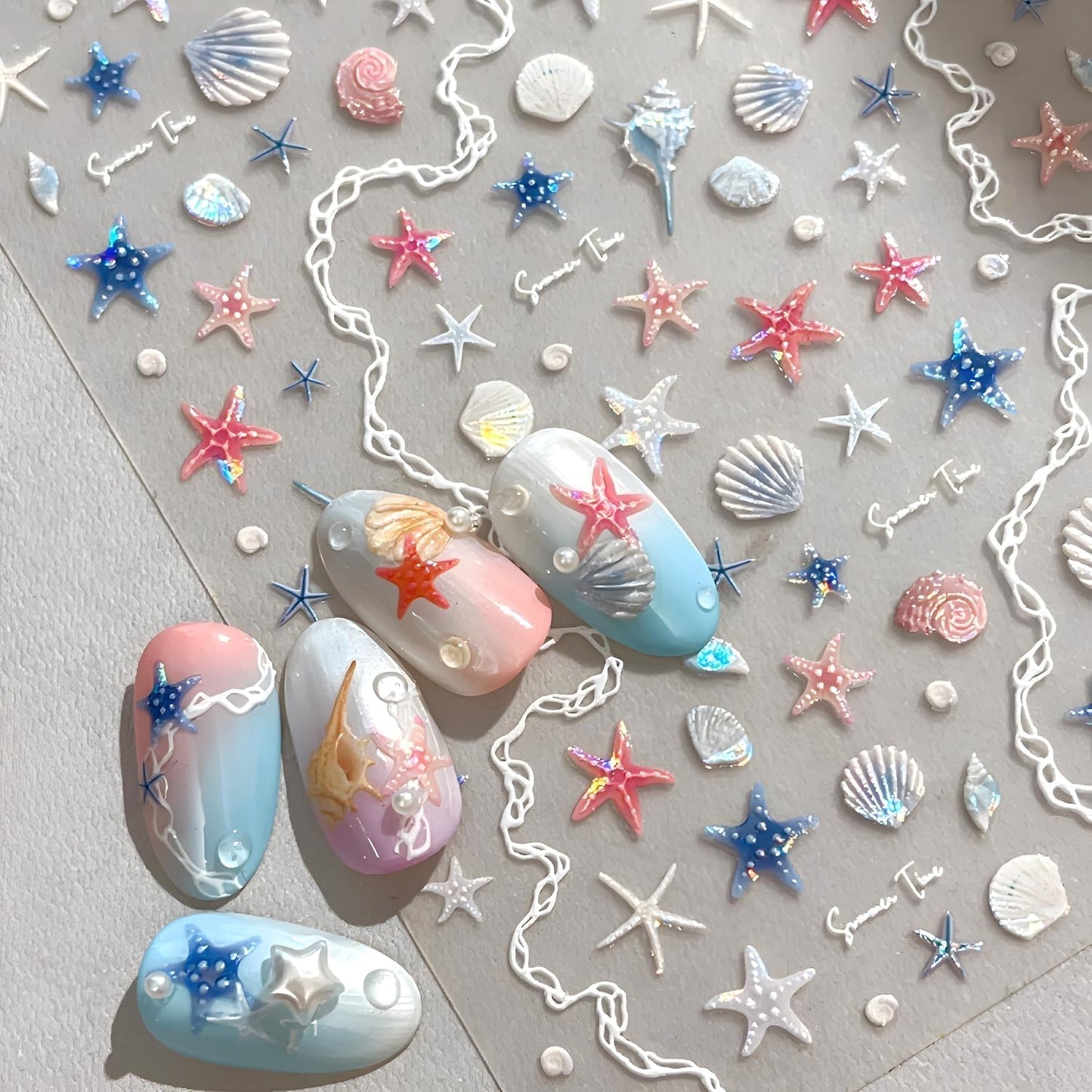 2 Sheets Starfish Nail Stickers for Nail Art 5D Embossed Ocean Nail Decals Summer Nail Stickers Colorful Nail Art Supplies Design Accessories for Women Acrylic Manicure DIY Decoration-FemmiqueWomen