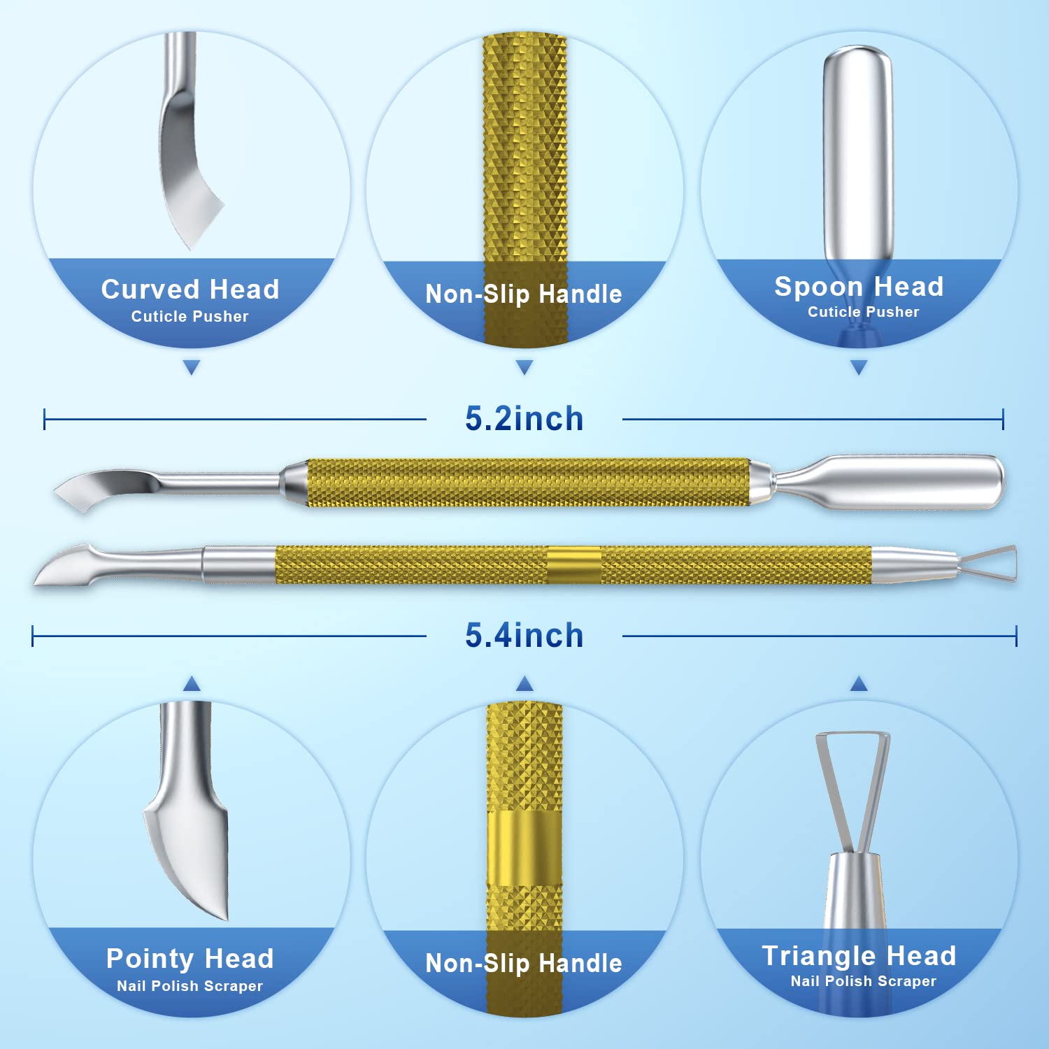 2PCS Metal Mineral Gold Cuticle Pusher and Cutter Remover Salon Quality Stainless Steel Gel Nail Polish Peeler Scraper Durable Manicure and Pedicure Cleaner Tool For Fingernail and Toenail-FemmiqueWomen