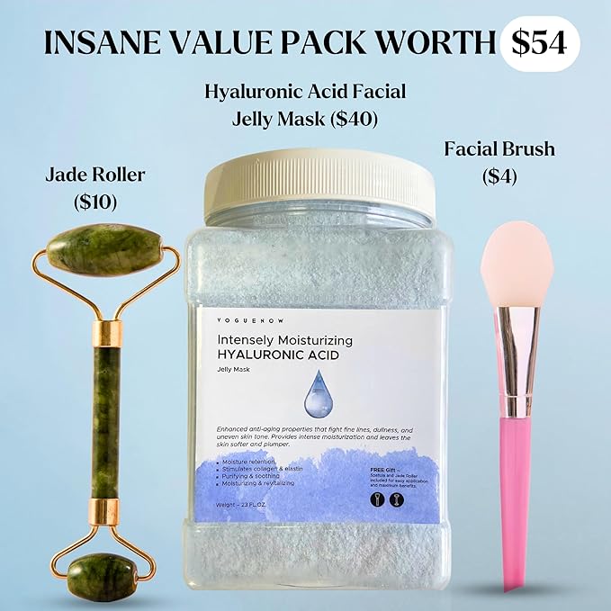 Jelly Face Mask for Facials - Hyaluronic Acid Hydrating, Brightening & Nourishing Jelly Mask with Free Jade Roller & Spatula | Professional Hydrojelly Masks | Vajacial Jelly Mask Powder | 23 Oz Jar-FemmiqueWomen