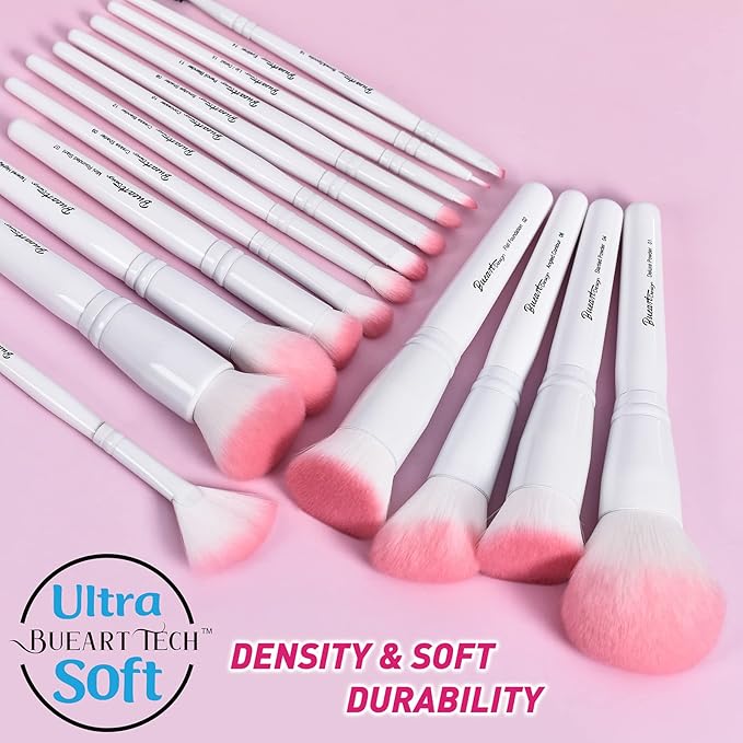 Bueart Design 16Pcs ULTRA SOFT labeled Makeup Brushes set with brush Holder face brush for Foundation Powder Blending Blush wooden Handle(16Pcs White+Pink Holder)-FemmiqueWomen