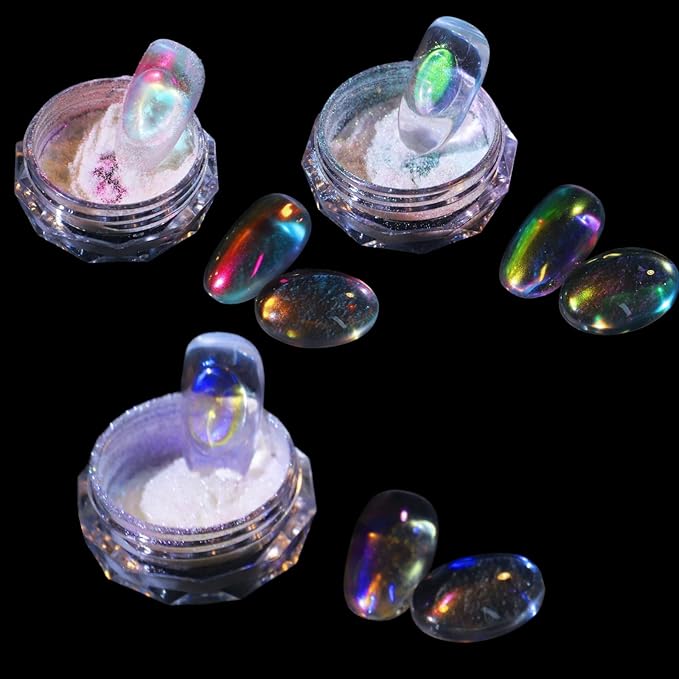 3 Boxes Ice Transparent Aurora Nail Powder Neon Rainbow Holographic Chameleon Powder Multi Chrome Iridescent Pigment Pearlescent Nail Art Glitters (Transparent #1#2#3)-FemmiqueWomen