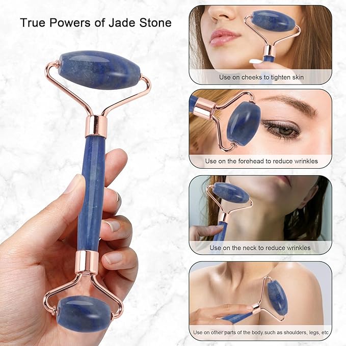 Jade Roller for Face, Facial Roller Massager Skin Care Tool, Gua Sha Facial Tools for Face, Neck, Eyes, Reduce Puffiness of The Skin(Blue)-FemmiqueWomen