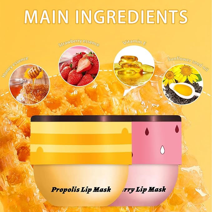 2 Pcs Bee Lip Balm Honey Pot, Lip Mask Overnight Honey Lip Balm Lip Exfoliate with Stick, Moisturizing Sleeping Lip Mask Day & Night Lip Care - Hydrate Repair Prevent Dry Cracked Scrub (2 Honey)-FemmiqueWomen