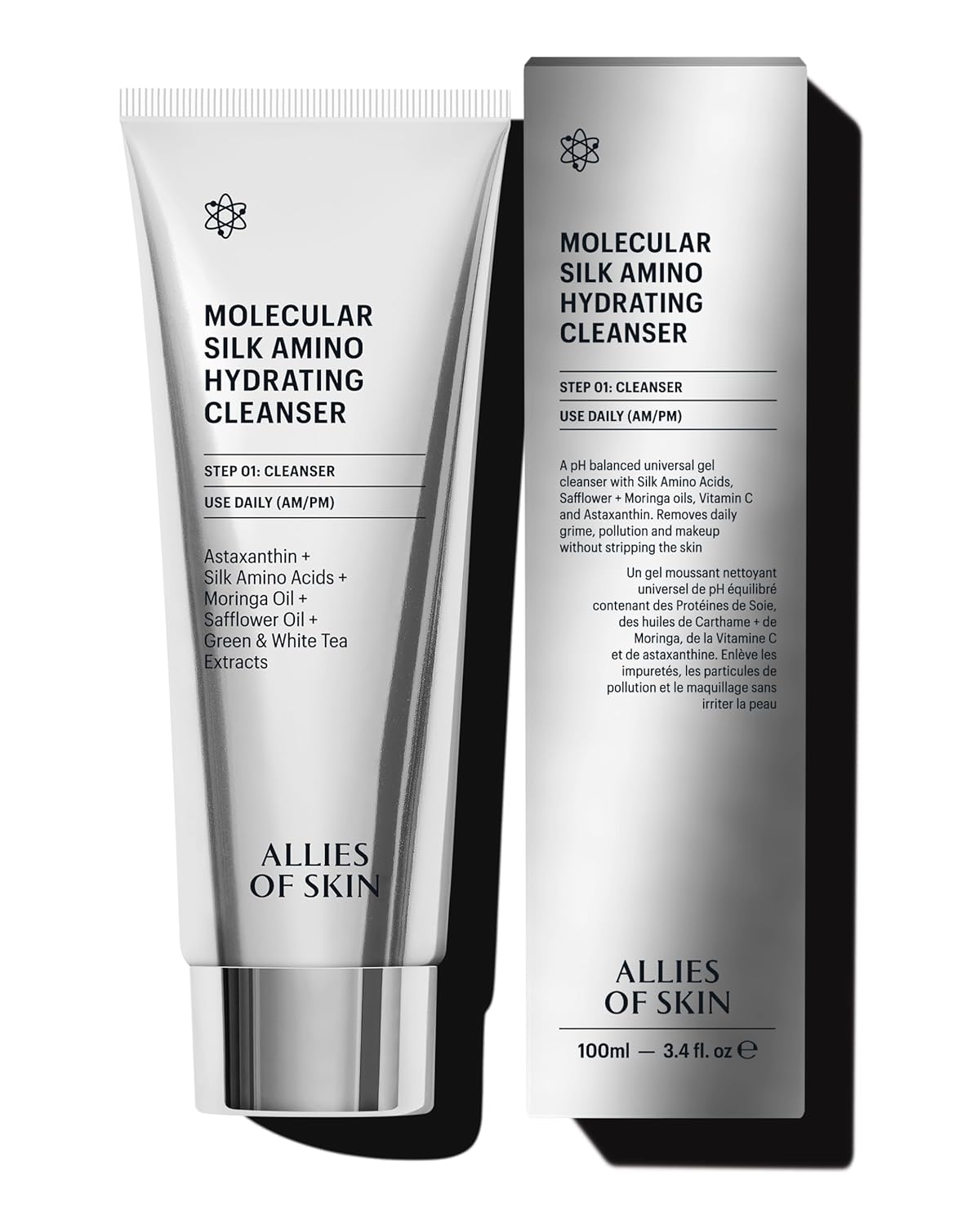 Allies of Skin Molecular Silk Amino Hydrating Cleanser: Hyaluronic Acid, Ceramides, Safflower & Moringa Oils. Nourishes, Conditions & Repairs 100 ml/2.4 oz-FemmiqueWomen