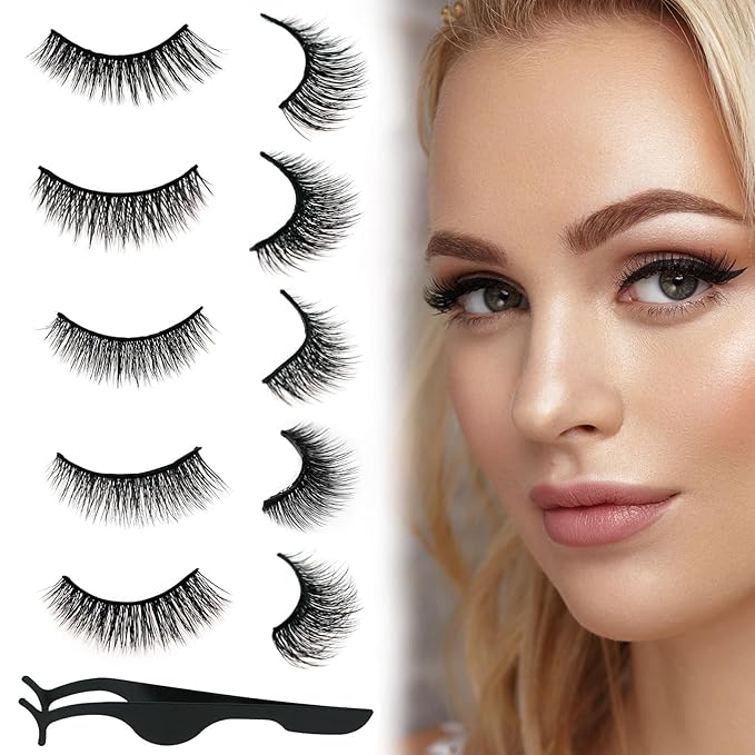 Self Adhesive Eyelashes Natural Look False Eyelashes Reusable Self Stick Lashes, No Glue Needed, 5 Pairs Long-FemmiqueWomen